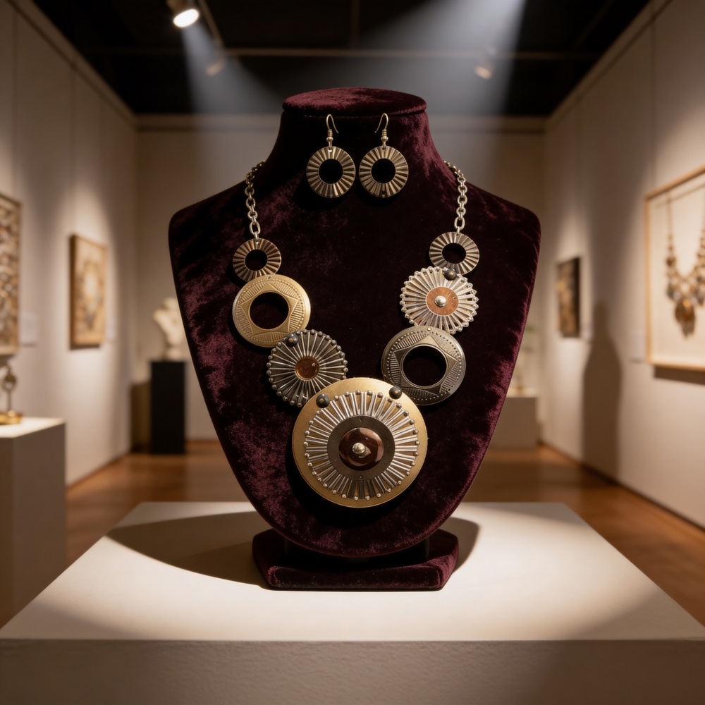 Eye Catching Mixed Metal Necklace Textured Circular Bib Style